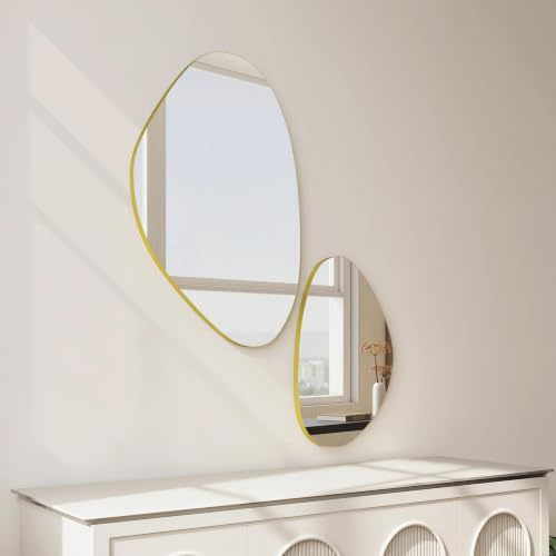 HOMCOM Irregular Wall Mirror Set of 2 Pebble-Shaped with Metal Frame Gold | 70 x 46 cm, 49.5 x 31 cm, Asymmetrical Hanging Wall Mirror, Living Room, Entryway, Bedroom, Hallway