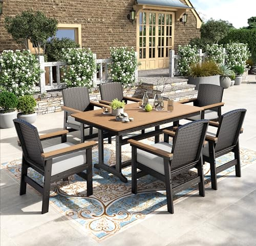 PHI VILLA 7-teiliges Rattan Gartenmöbel Set mit Esstisch und 6 Stühlen, Gartentisch Wetterfest und Gartenstuhl mit Dickerem Kissen, E-Beschichtung Metall Terrassenmöbel Outdoor Balkonmöbel Set für 6