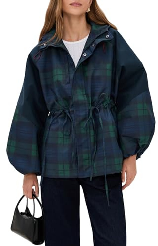 Vagbalena Women's Fashionable Checkered Casual Rainproof and Windproof Jacket with Hood, Drawstring Waist, and Hooded Hiking Jacket