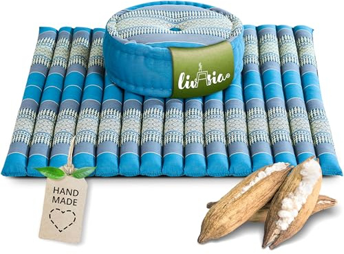 livasia Meditationsset XL - Ø 38x15cm / Matte 75x75x4,5cm - Yogaset mit Kissen und Matte, Pouf, Yogamatte und Yogakissen mit Kapok handgefertigt, Bodenkissen Outdoor, Zafukissen