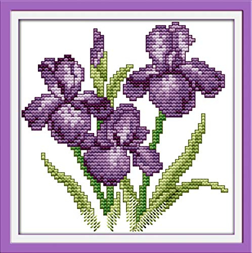 Kit per Punto Croce Stampati, OWN4B Il Fiore della Felicità Motivo Stampato 11CT 21,1x21,1 cm Kit Ricamo Fai da Te (Violette)