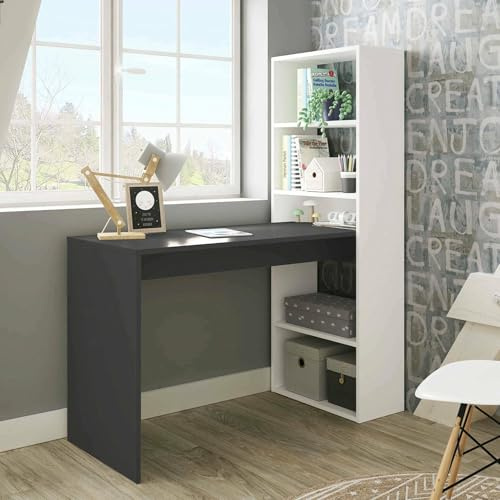 Dmora - Denton Schreibtisch, umkehrbarer Multifunktionsschreibtisch mit Bücherregal mit 5 Ablagen, Arbeits- oder Bürotisch für PC-Buchhalter, 120 x 53 x 144 cm, Weiß und Anthrazit