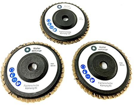 WELLERWERKZEUGE | Lot de 3 disques à lamelles grain : 60/80/120 76 x 10 mm pour mini meuleuse d'angle sans fil comme Bosch GWS 10,8 V 12 V pour acier, bois, plastique (3)