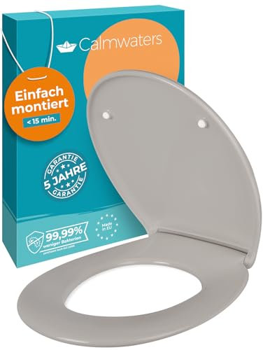 Calmwaters® Premium WC Sitz einfache Montage, Toilettendeckel bis 250 kg, Made in EU, aus antibakteriellem Duroplast, Absenkautomatik, 2 Montage Optionen, abnehmbar, Klobrille, oval, Manhattan-Grau