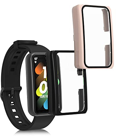 kwmobile Carcasa Compatible con Honor Band 7 / Band 6 / Huawei Band 7 / Band 6 Funda - 2X Protector Pantalla Completo de Cristal Templado - Ultrafino y antigolpes - Negro/Rosa Vintage