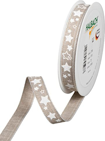 Halbach Druckband mit Sternen, 15 mm x 15 m, leinen/weiß | Waschbares Druckband mit Leinenkanten, wasserfest und farbecht, Made in Germany, für Weihnachtsdekoration