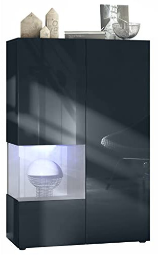 Vladon Vitrine Morena V2, Made in Germany, Standvitrine mit 2 Türen und Glaseinsatz, Schwarz matt, Fronten Schwarz Hochglanz, Cube Beton Oxid Optik inkl. LED-Beleuchtung Weiß (91,5 x 136,5 x 37 cm)