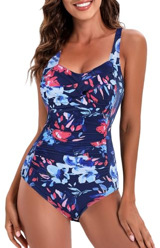 Durio Badeanzug Damen Badeanzüge Wickeloptik Bauchweg Push Up Badeanzug für Damen Einteilige Sexy Shaping Bademode Swimsuit Blaue Aquarellfarbe M