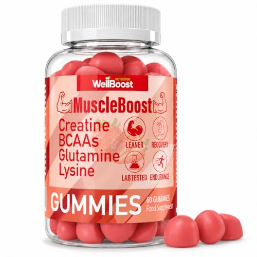 MuscleBoost Gummies | Creatine, BCAAs, Glutamine & Lysine | Muscle Growth, Recovery & Endurance Support | Vegan, Sugar-Free, Strawberry Flavour | 60 Chewable Gummies for Adults