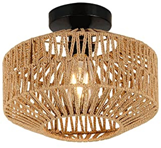 YIKEGE LICHT Vintage Boho Rattan Lampe Deckenleuchte Hängelampe - Rustikal Deckenlampe Korb Lampenschirm Badezimmerlampe Badlampe Wandlampe - E27 Industrielle Deckenleuchten für Küche Schlafzimmer