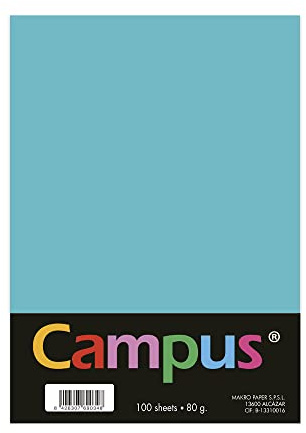Campus - Papel de Colores A4 100 Unidades, 80g/m², 210 x 297 mm. Papeles A4 de colores con tacto suave, perfectas para encuadernación, oficina, dibujo y manualidades. Color Turquesa