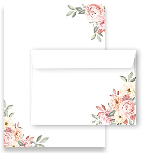 Briefpapier/Briefumschlag Set edel mit Rosen in altrosa und zarten Pastelltönen bedruckt 2 seitig A4 120 g/m² c6 80 g/m² Kuvert vintage 50 Briefpapier Blatt MIT 25 Umschlägen