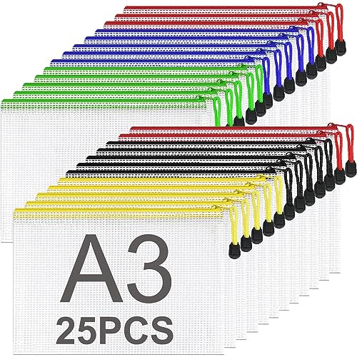 ASelected 25 Stücke Dokumententasche A3 Reißverschluss Bunte, Mesh Kunststoff Reißverschlusstasche, Datei Taschen mit Reißverschluss A3 Zipper Taschen für Datei, Dokumente, Hausaufgaben, Reisezubehör | Netztasche und farbige Ordner, A3, 31,5 x 44 cm, mit Etikett und Farbklassifizierung
