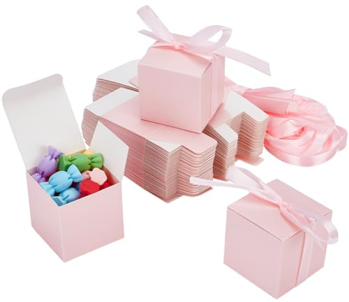 PH PandaHall 50 paquet Coffrets Cadeaux Roses, Boîte en Papier Kraft 5x5x5cm avec Couvercle, Boîtes à Friandises Pliables, Petite Boîte à Bijoux avec Ruban pour Fête de Mariage, Bonbons, Bougies, Noël