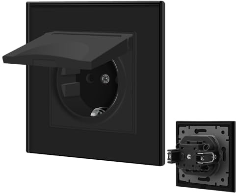 BSEED Steckdose 1 Fach mit Wasserdichter Abdeckung, Unterputz Steckdose mit Steckklemme mit Kristall Glas Platte, Einbausteckdose 16Amp Wandsteckdose 86mm, Schwarz