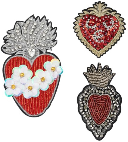 INFUNLY 3 Stil Pailletten-Herz-Patches Zum Aufnähen Herz-Patches Applikation Kristall-Herz-Patch Rotes Herz Stickerei-Patch Motiv-Applikation Dekoration Für Kleidung Jeans Jacken Handtaschen Schuhe