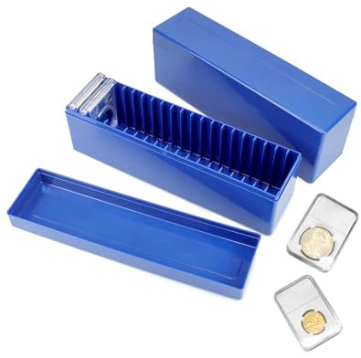 QWORK Aufbewahrungsbox für Münzplatten, Kunststoff, Blau, 2 Stück – Organizer für gedeckte Münzen, Führungsschienen für einfachen Zugriff, je 20 Münzen, für abgestufte Münzen, Karton, flache