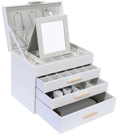 BOOVO Schmuckschatulle mit 4 Schichten für Damen, Schmuck-Organizer-Box mit Halskettenhaken, 3 Schubladen, Schmuckschatulle für Sonnenbrillen, Halsketten und Armbänder (Weiß, 4 Ebenen)