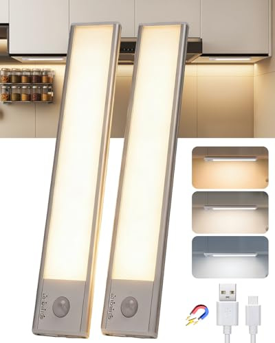 Aigostar 2 Pcs Luz LED Armario Sensor de Movimiento, Bajo Mueble Cocina 20.4cm, 1100mAh USB-C Recargable, Color y Brillo Regulable, Magnética Adhesiva, Aluminio, Inalámbrica