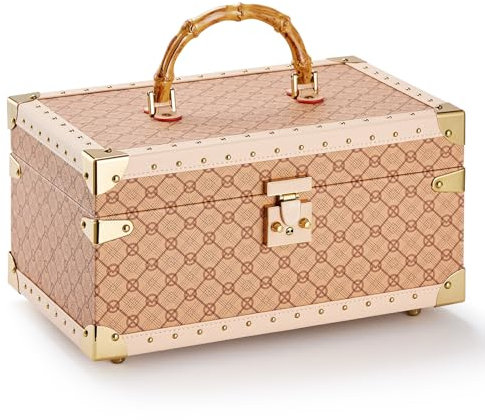 Vee Jewellery Box,Jewellery Case with 3 Layer,Vintage Jewelry Organiser for Bracelets Watches Earrings,Flexible Jewelry Tray, Jewelry Storage with big Mirror, Ample Storage Space,Gift (pale pink)