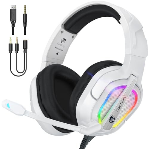 Fachixy FC200 Faltbares Gaming-Headset für PS5, PS4, PC, Xbox, Switch, Headset mit ENC-Mikrofon, 3,5-mm-Gaming-Kopfhörer mit RGB-Licht, RGB Weiß