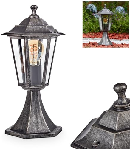 Außenwegeleuchte Loria, Sockelleuchte aus Metall/Glas in Schwarz-Silber/Klar, Wegeleuchte in antikem Look, 37 cm, Gartenlampe, Gartenbeleuchtung IP44, 1 x E27, ohne Leuchtmittel