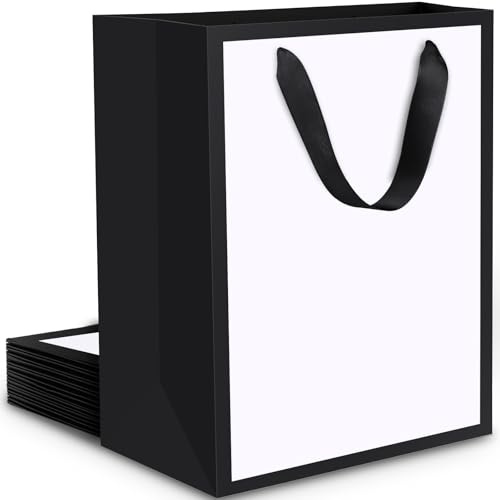 EUSOAR Geschenktüten Schwarz Weiß - 10 Stück 230GSM Kraft Papiertüten Weiß mit Henkel M 20x10x28 cm - Papiertaschen Mittel - Hochzeit Geschenktasche Papier Weiß