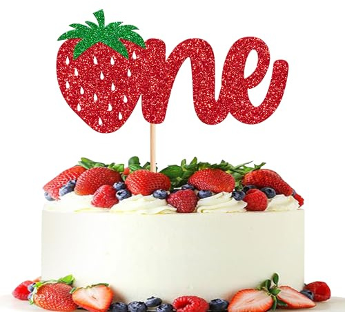 SYKYCTCY 1 Pack Strawberry Cake Topper - Red Glitter Strawberry 1st Birthday Cake Pick for Fruit Theme Baby Shower Kids Birthday Party Cake Decorations