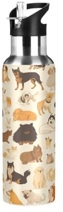Niigeu Dessin Animé Animaux Chien Chat Bouteille d'eau Isotherme avec Paille en Acier Inoxydable Gourde, Sans BPA Gourdes Eau pour Enfant Sport Randonnée École Bureau (600ml/1L)