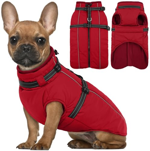 Lelepet Hundemantel für den Winter, Warme Hundejacke mit integriertem Geschirr, Winddicht Mantel mit Fleece Gefüttert für Hunde, Reflektierende Hundeweste für Kaltes Wetter, Rot M