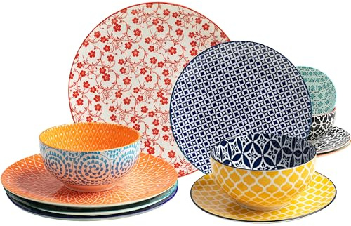 LEHAHA 12 Pieces Ceramic Dinnerware Sets, Porcelain Round Dinner Set for 4, Microwave and Dishwasher Safe Plates and Bowls Dishes Sets, Kitchen Dinner Dinning Ware Set, Assorted Colors