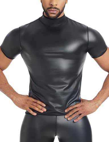 Men's Faux Leather Sexy Tight Vest Tank Tops Undershirt Stretch Top Wet Look Undershirt T-Shirt Nightwear High Neck Short Sleeve M