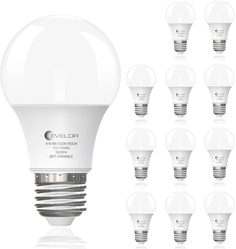 evelor A19 LED Light Bulbs,60 Watt Equivalent Daylight 5000K with E26 Base,Efficient 9W,800 Lumens Non-Dimmable LED Bulbs,15000 Hours, Ideal for Bedroom Living Room, 12-Packs