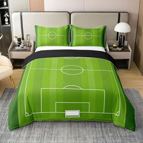 Set di biancheria da letto per letto singolo, 100% cotone, motivo campo da calcio, moderno, per bambini e adulti, con linee geometriche e cerchi, verde
