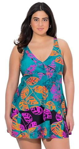 Ulla Popken Damen große Größen Übergrößen Plus Size Badekleid, Blätter, Softcups, Powermesh-Vorderfutter dunkel Petrol 46+ 837716769-46+