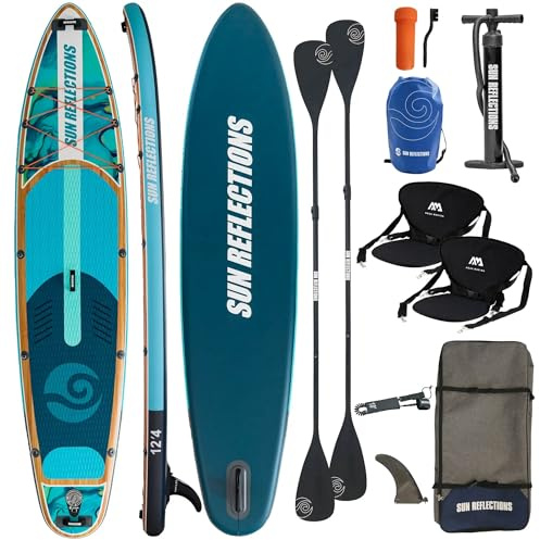 CampSup Sun Reflections Multi 12'4 Combo SUP Board aufblasbar, Tandem Stand Up Paddle Board für 2 Personen, 2X 2-in-1 Paddel, 375 x 87 x 15 cm, bis 230 kg