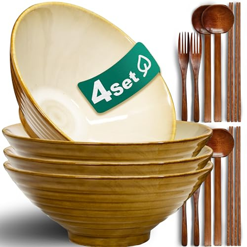 8 Pulgadas Juego De 4 Cuencos De Ramen De Cerámica (16 Piezas), Con Tenedor Palillos Chinos y Cuchara Cuenco Japonés para Sopa de Fideos Ensalada Ideal para Regalo Apto Lavavajillas y Microondas
