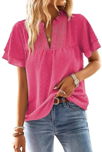 TUUHAW Camisetas Manga Corta Mujer Cuello en V Blusa Verano Elegante Top | Boho Túnica, Volantes Encaje, Casual Plisada Ropa, Boho Cómodo Camiseta, Suelto Dentella Tops, Plisada Color Sólido Holgadas