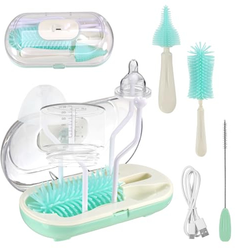 Baby Bottle Brush Set Portable Travel Silicone Bottle Brushes Complete Bottle Cleaning Kit with Nipple&Straw Brush Bottle Drying Rack Travel Steriliser for Baby Travel Essentials