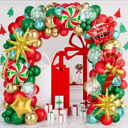TOSZOLY Luftballon Girlande Weihnachten, 150 Stück Rot Grün Gold Luftballons Weihnachtsdeko, Weihnachtsparty Deko Stern und Zuckerstangen Folienballon, Weihnachtsballons für Merry Christmas Girlande
