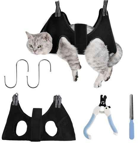 Yunova Katzenpflege‑Hängematte Set – Polyester mit Krallenschneider, Feile & verstellbaren Gurten – atmungsaktiv & rutschfest – ideal für Katzen & kleine Hunde – Fell‑ & Nagelpflege zu Hause