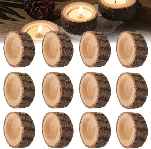 Bougeoirs en Bois, 12 Pièce Photophores en Bois Petits Bougeoirs Decoratif, Cadeaux d'invités Petits Bougeoir Supports pour Bougies Chauffe-Plat, pour Saint Valentin Décoration de Maison