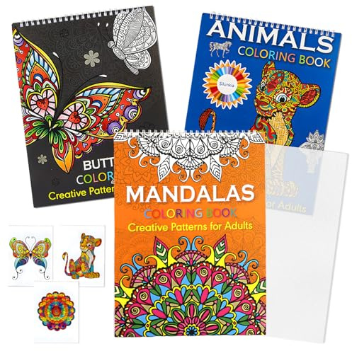 3 Stück Coloring Book Adult with 60 Muster Mandala Tier Schmetterling Thema, A4 Ausmalbuch für Erwachsene, Spiral Gebundene, Zerreißbares Design für Stress Abbauen und Entspannen