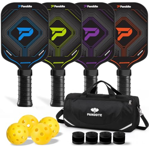 Panddte Palas de Pickleball, Juego de 4 de Fibra de Carbono Ligeras | Kit familiar, Pelotas para Interior y Exterior, Bolsa de Transporte, Overgrips Extra, Principiantes e Intermedios
