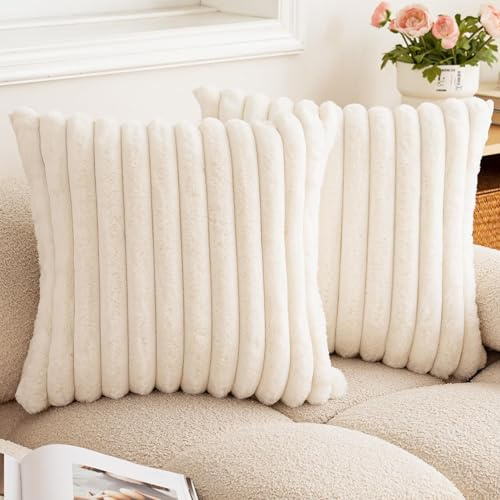 MINWEGI Premium 45x45cm Cushion Covers Set of 2 - Double Sided Faux Rabbit Fur & Plush Velvet Pillow Cases, Anti-Fade Luxury Sofa Bed Throw Covers for Home Decor (Off-white, 45 * 45CM)