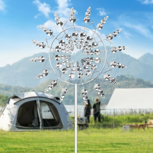 3D Metall-Windmühle, Einzigartige Magische Metall Windmühle Garten Windspiele Spinner Skulpturen Windfänger für Außenterrassendekoration Terrasse Patio Rasen Garten (Silber)