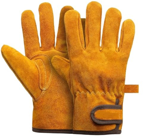 SUBLXPoten SchweißErhandschuhe Firepalce Forge Furnace Industrie-Grillhandschuhe aus Leder, hitzebeständige Schweißhandschuhe for Herren(Yellow 25cm)