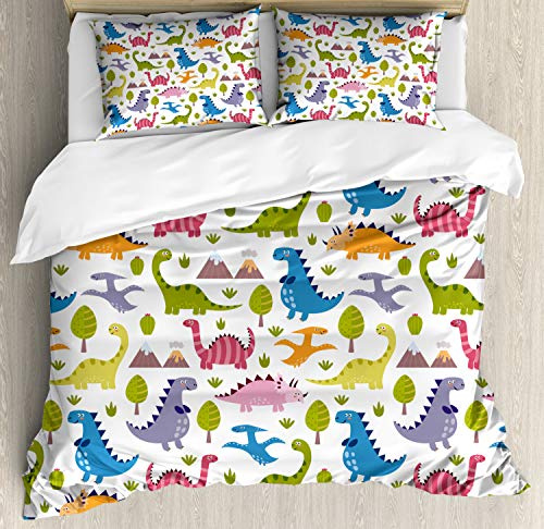 Ambesonne Dino Duvet Cover Set, Cartoon Style Colorful Dinosaurs T-Rex Triceratops Prehistoric Reptile Wildlife, Decorative 3 Piece Bedding Set with 2 Pillow Shams, Queen Size, Blue Green