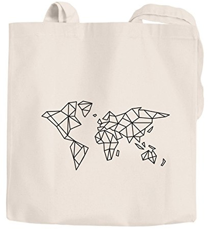 Autiga Jutebeutel Weltkarte World Map Low Polygon Baumwolltasche Stoffbeutel Einkaufstasche natur 2 lange Henkel