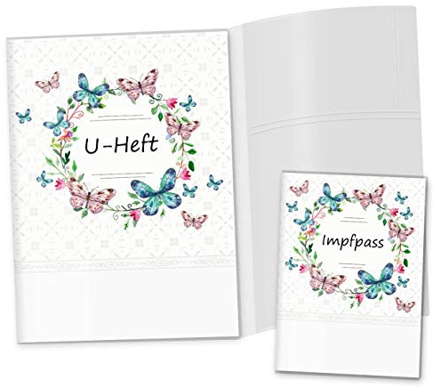 OLGS U-Heft und Impfpasshülle Set 3-teilig | Blumenkranz Blumen | Hüllen für den Untersuchungsheft & Impfpass | personalisiertes Babygeschenk (U-Heft Set 3-teilig personalisiert, Schmetterling)